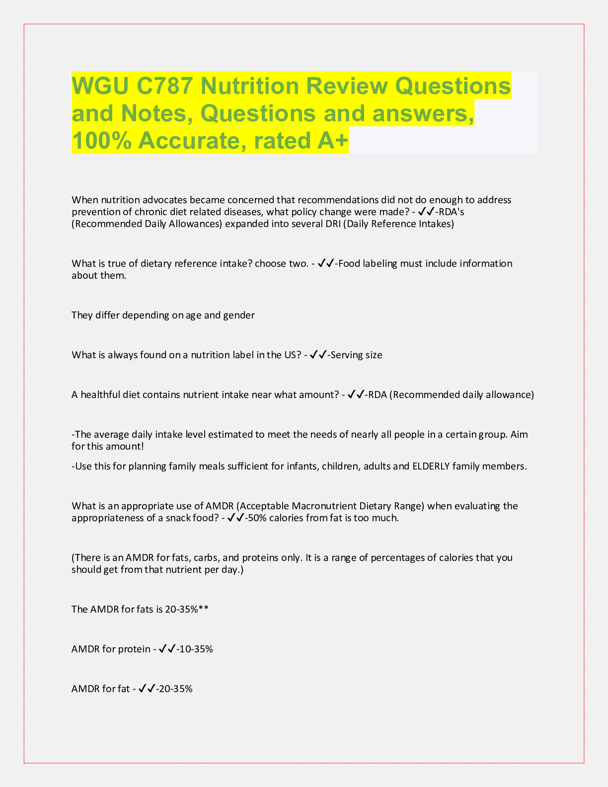 Preview of WGU C787 Nutrition Review Questions and Notes